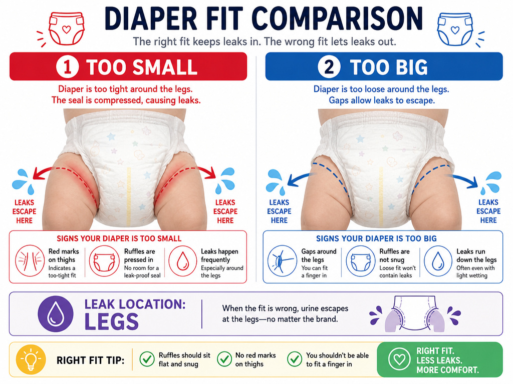 Infographic comparing diaper leak causes: too small vs too big fit