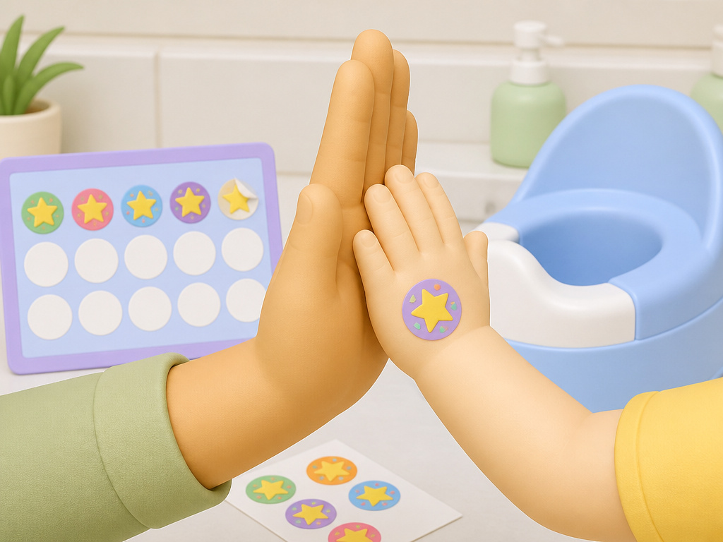 Parent and child high-fiving over a potty training sticker reward chart.