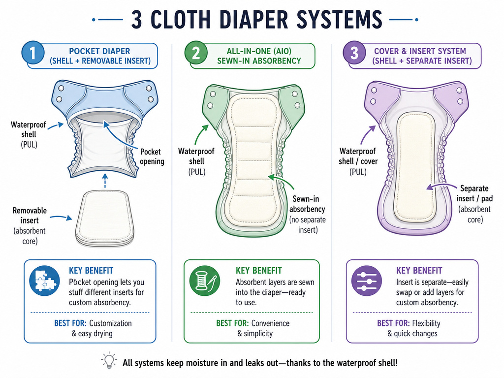 Diagram comparing pocket, all-in-one, and cover cloth diaper systems and properties.