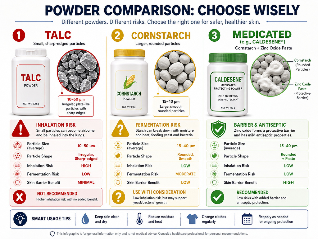 Comparison of talc, cornstarch, and medicated baby powders for diaper rash.
