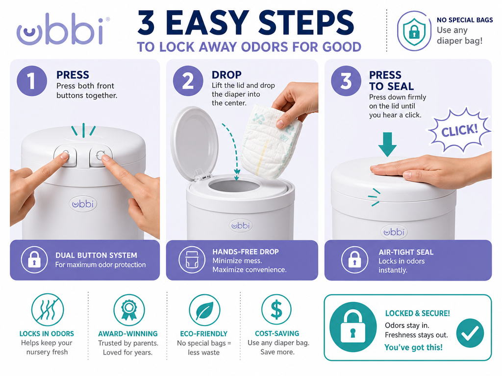 Three-step infographic for opening, dropping, and locking an Ubbi diaper pail.
