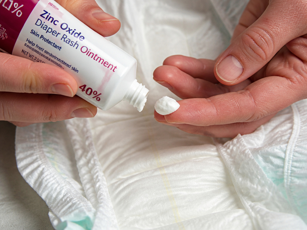 Close-up of applying zinc oxide diaper cream to a clean diaper.