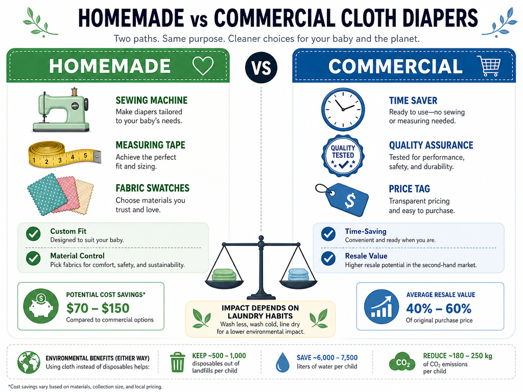 Infographic comparing pros and cons of homemade versus commercial cloth diapers.