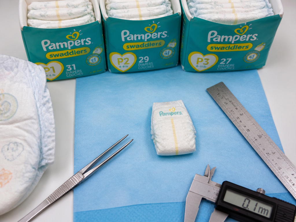 Pampers Swaddlers P1 P2 P3 preemie diaper sizes used in hospital NICU settings.