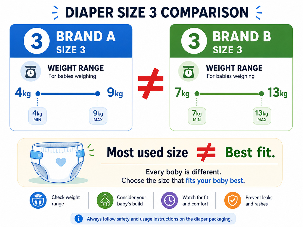 Infographic comparing inconsistent diaper size charts from different brands
