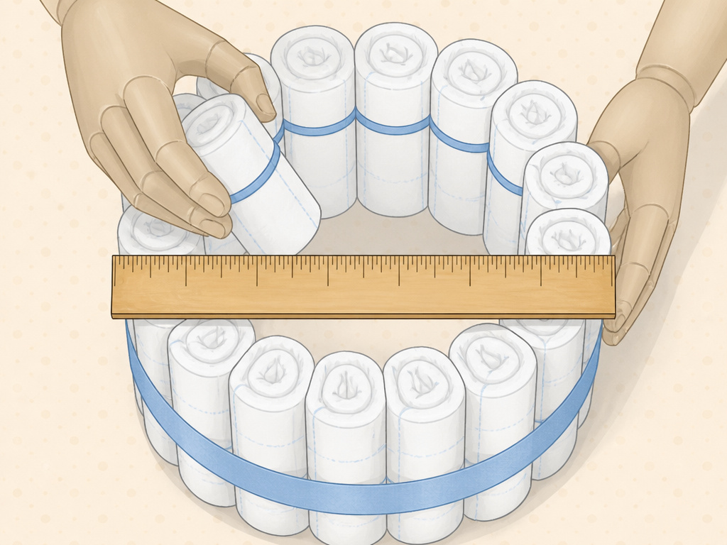 Close-up of hands rolling a diaper and measuring a diaper cake tier diameter.