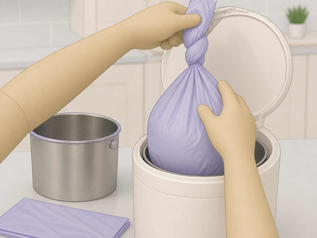 Close-up of hands removing a twisted bag from an Ubbi diaper pail.
