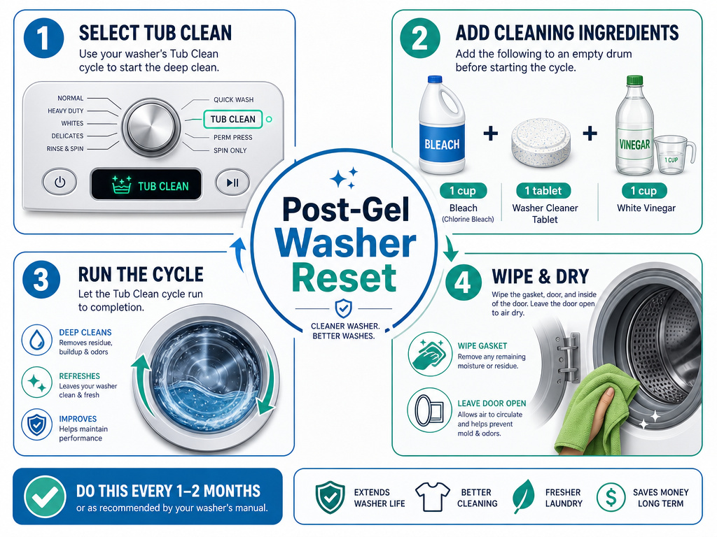 Four-step infographic for cleaning a washing machine after diaper gel removal.