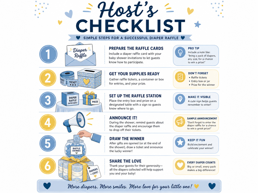 Diaper raffle host checklist infographic with six simple steps and icons.