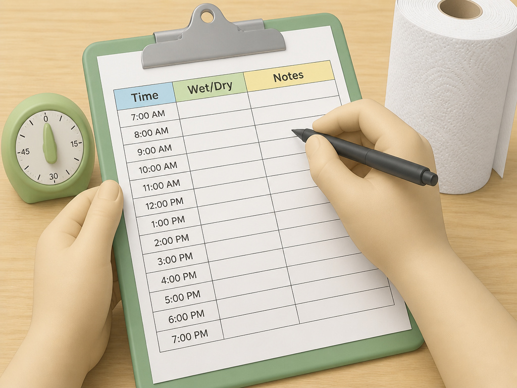 Parent's hand marking a potty training chart with timer and supplies nearby.