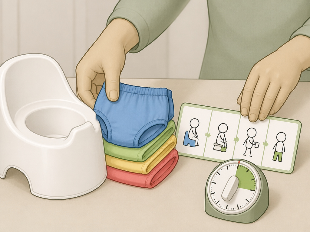 Assembling essential potty training supplies like a potty chair and underwear.