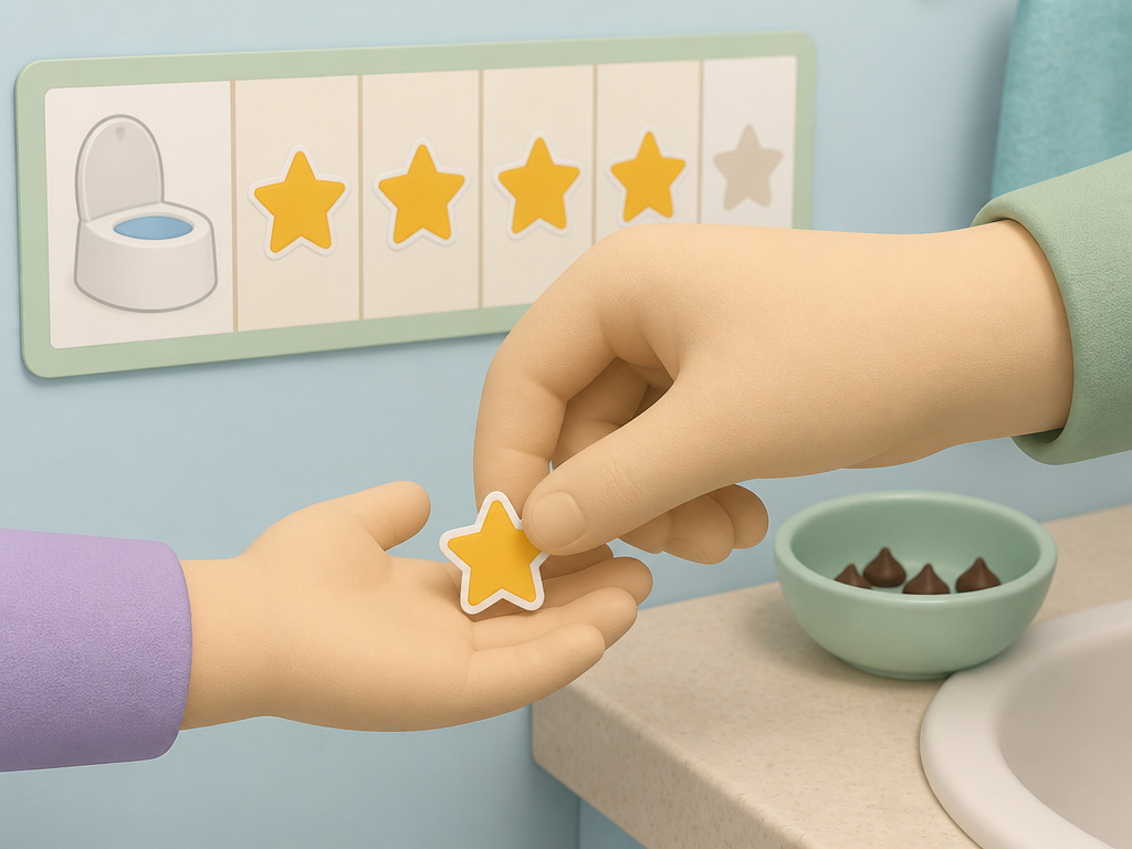 Close-up of placing a sticker reward on a child's hand during potty training.