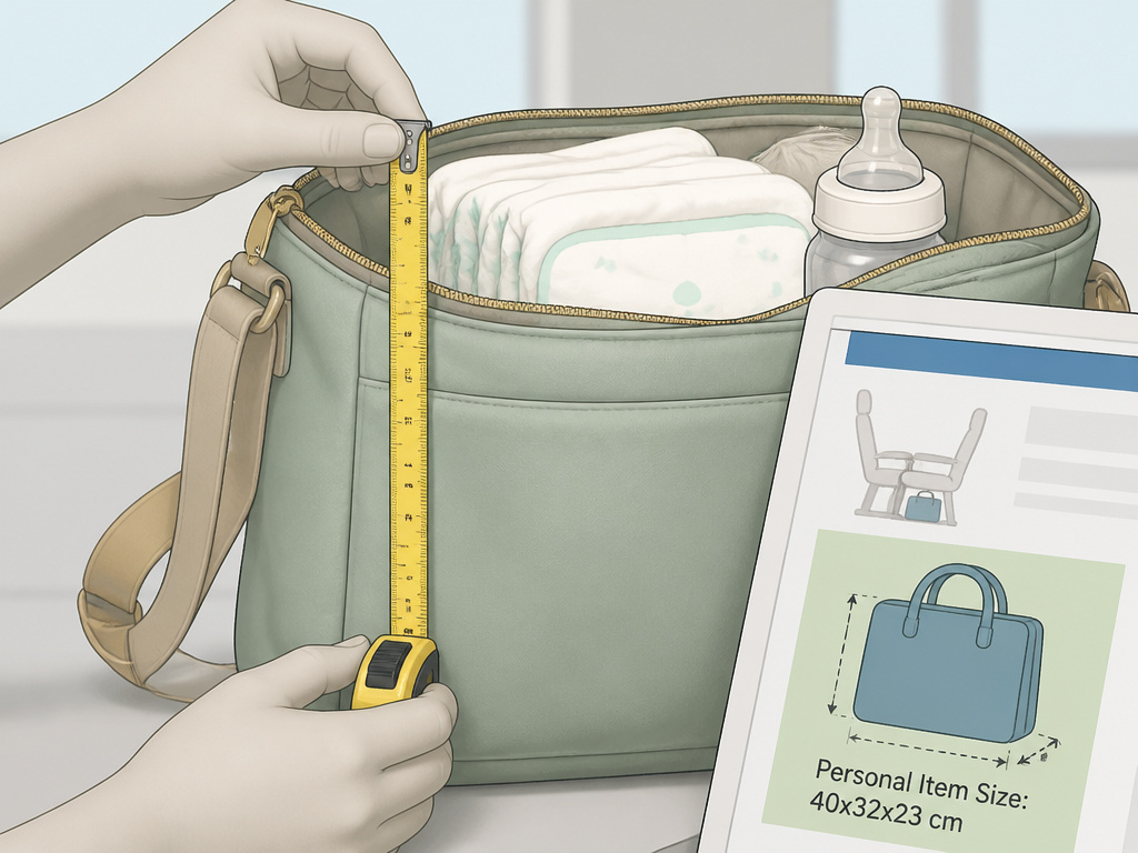 Measuring a packed travel diaper bag against airline personal item size limits.
