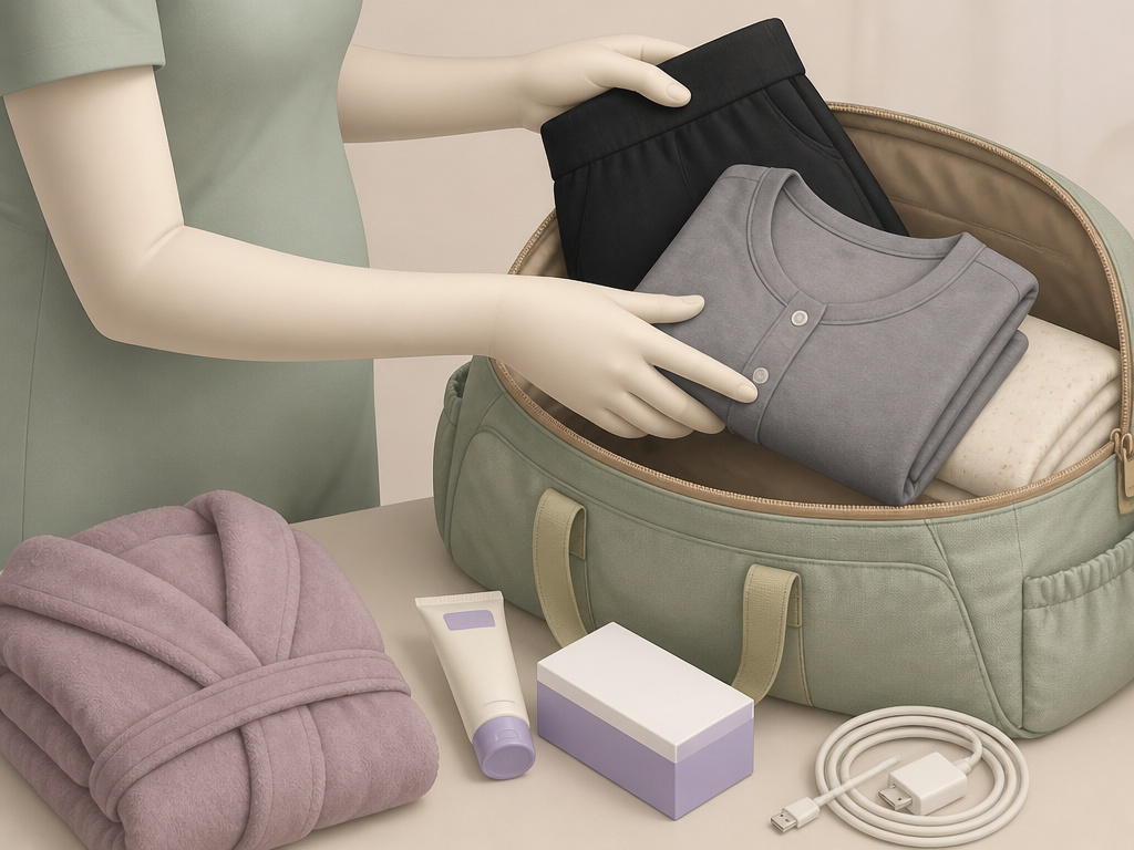 Comfortable postpartum clothes and recovery items packed in a hospital diaper bag.