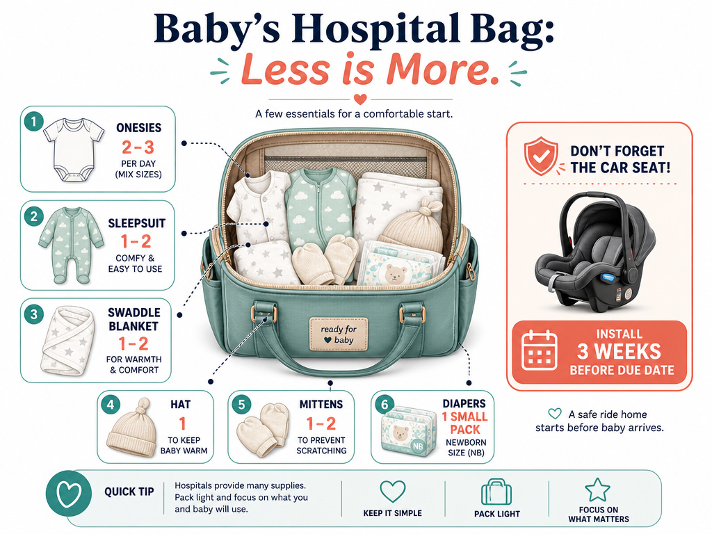 Essential newborn items checklist for a hospital diaper bag infographic.