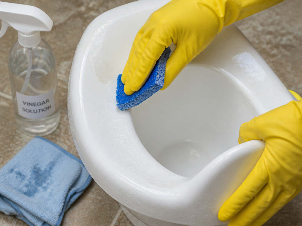 Close-up of cleaning hard water stains from a child's potty training toilet with a scouring pad.