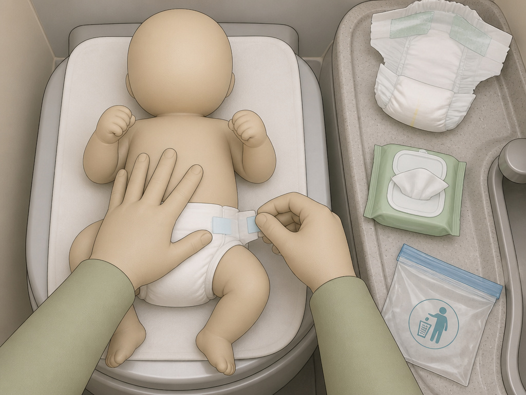 Step-by-step guide for changing a baby's diaper in an airplane bathroom.