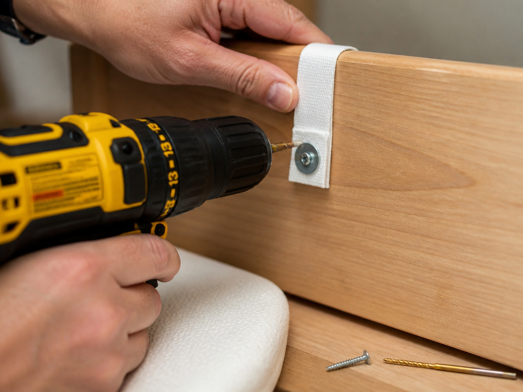 Securing a changing pad strap to a dresser frame with a drill and screw.