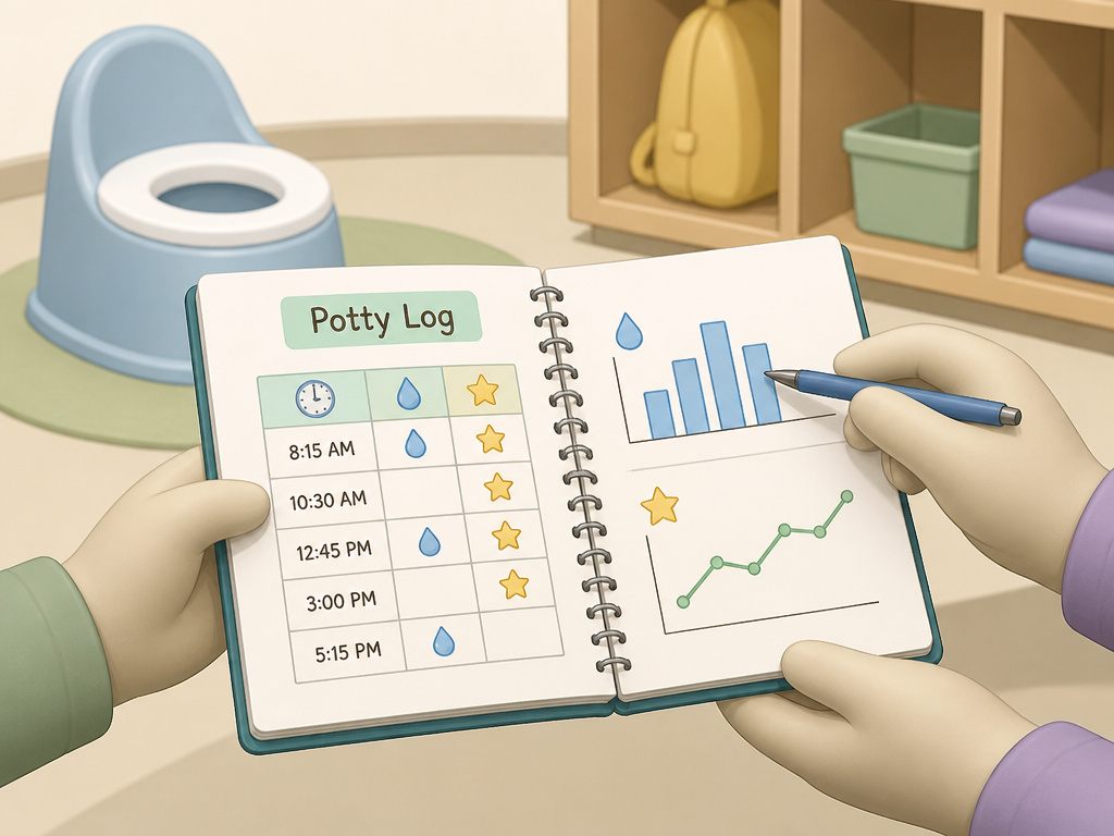 Parent and daycare teacher coordinating over a shared potty training log book.
