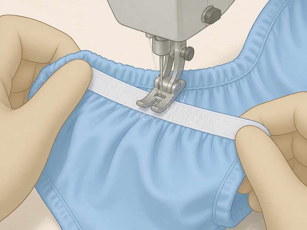 Cartoon diagram showing how to install elastic for a homemade diaper leg gusset.