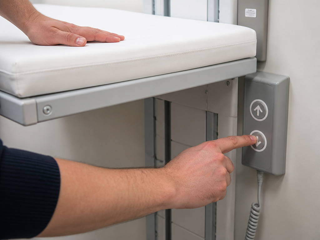 Close-up of hands adjusting the height of an electric changing table for nursery.