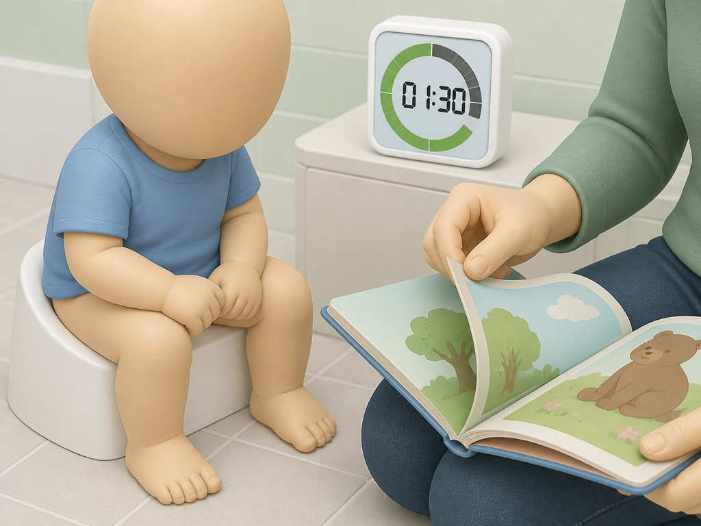 Toddler boy practicing a scheduled potty sit with a timer and book