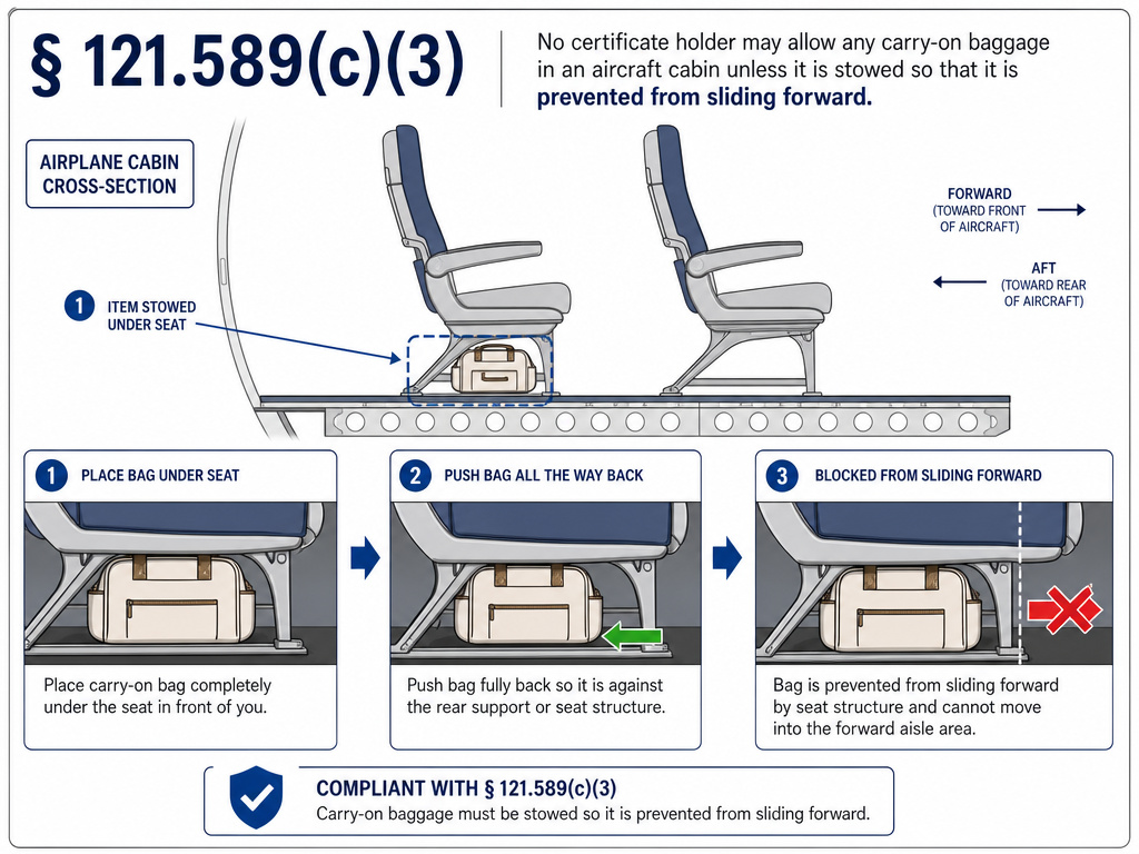 FAA carry-on rule diagram showing a diaper bag stowed under an airplane seat.