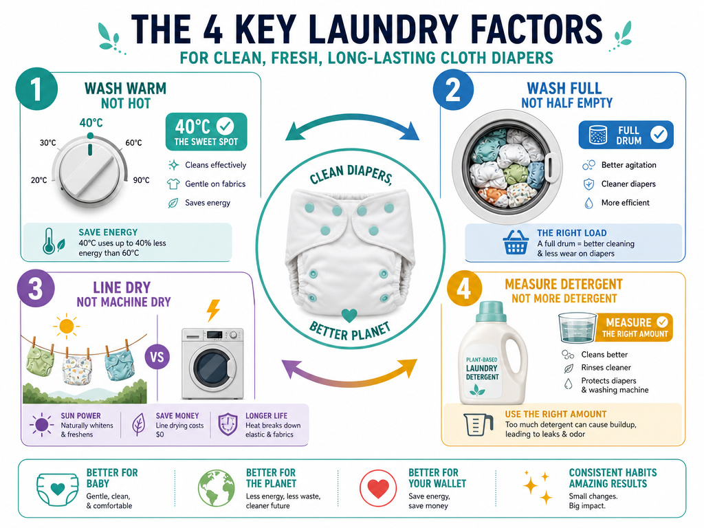 Infographic on reducing cloth diaper environmental impact through laundry choices.