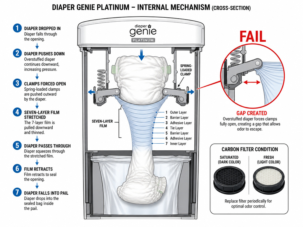 Diagram showing how overstuffing and a full filter break the diaper pail's odor seal.
