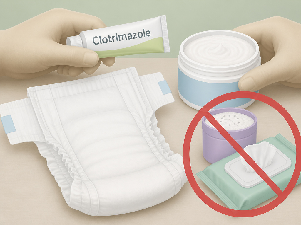 Cartoon showing antifungal cream and zinc oxide for yeast diaper rash, with cornstarch and wipes banned.