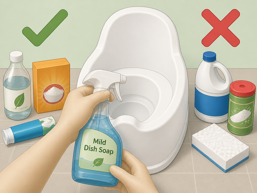 Safe and dangerous cleaning products for a child's potty training toilet.
