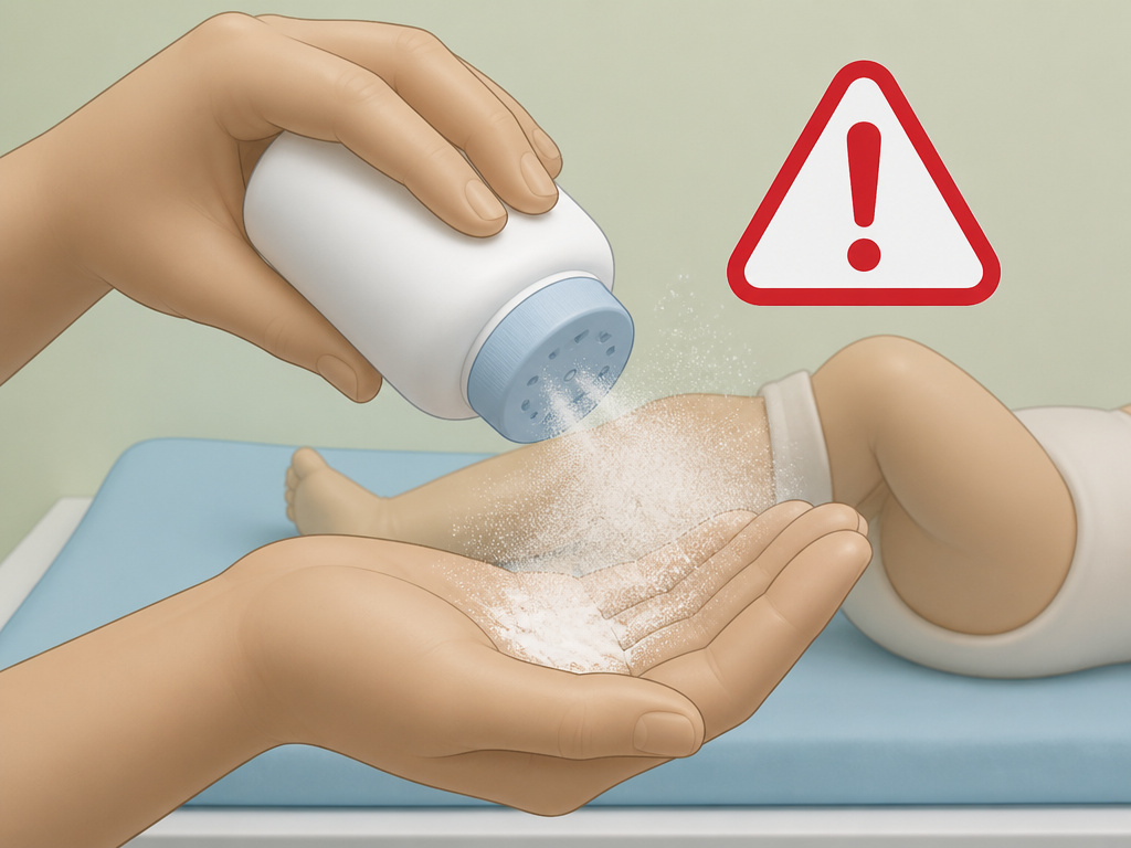 Adult applying baby powder into hand to avoid infant inhalation risk for diaper rash.