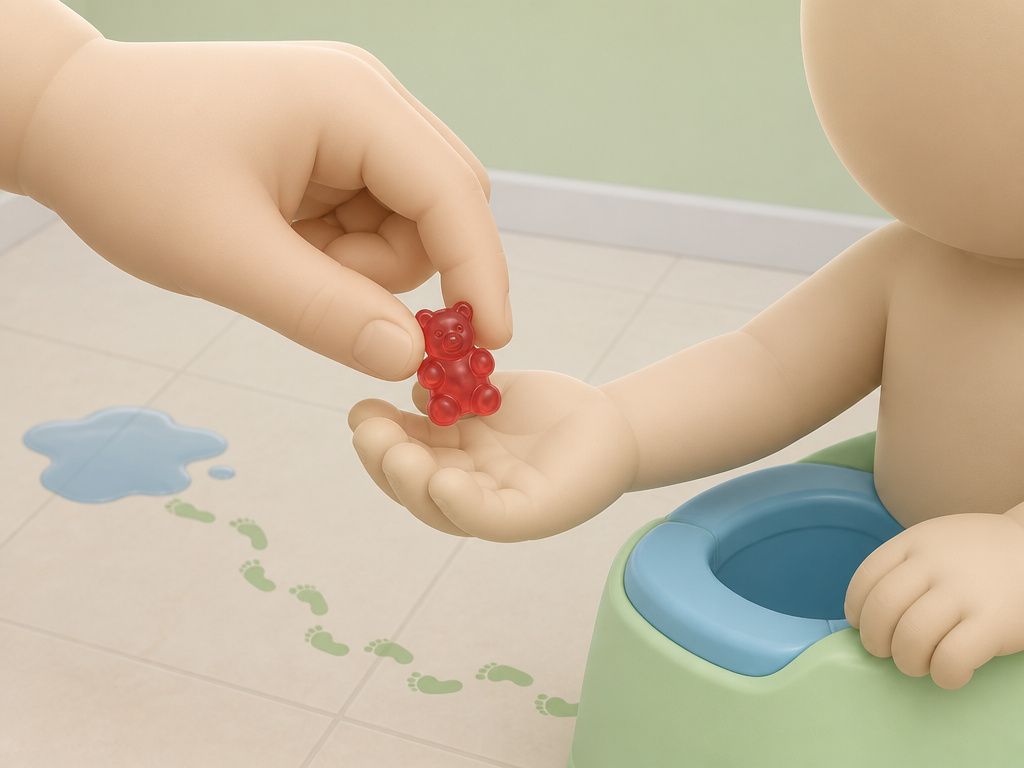 Close-up of rewarding a child with candy while they sit on the potty chair
