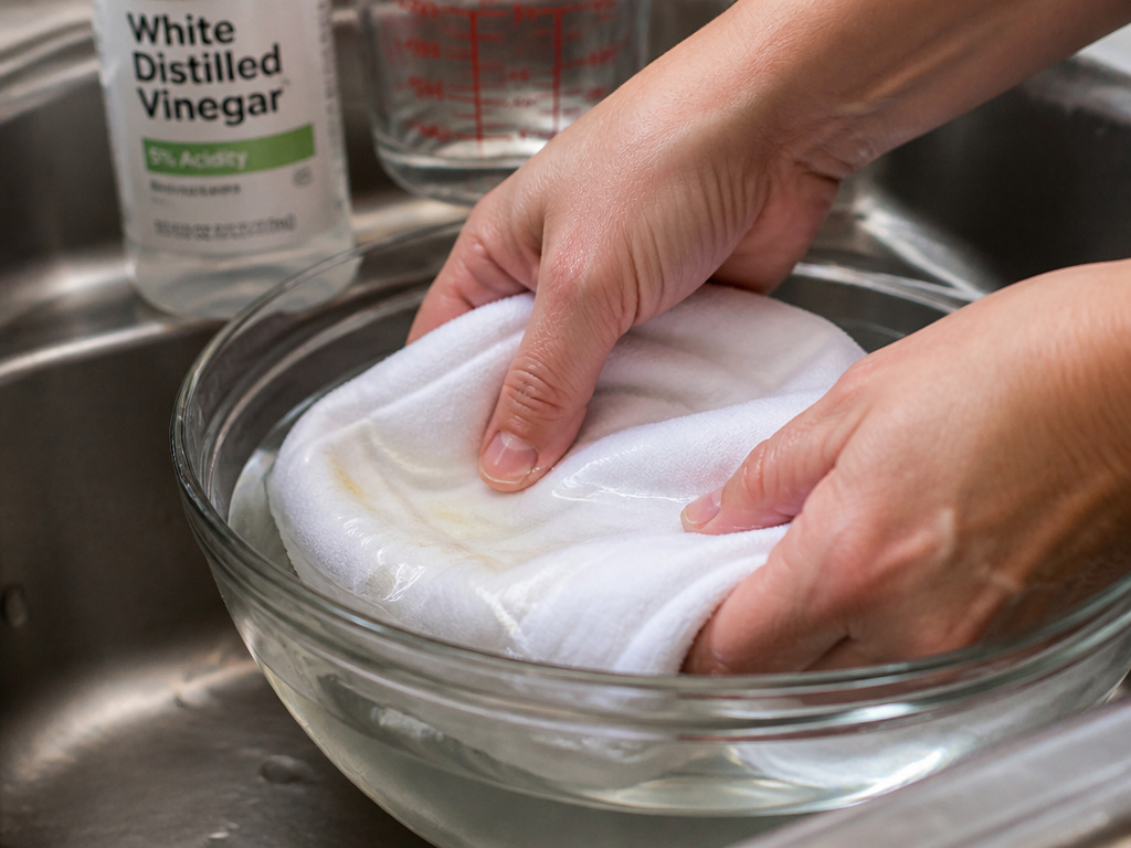 Soaking a stained baby cloth in a white vinegar solution to remove diaper cream.
