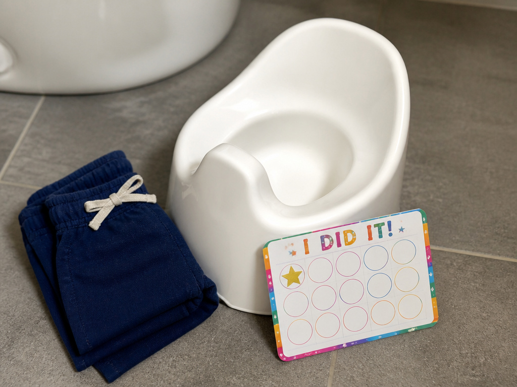 Essential potty training gear for a boy: floor potty, elastic pants, sticker chart.