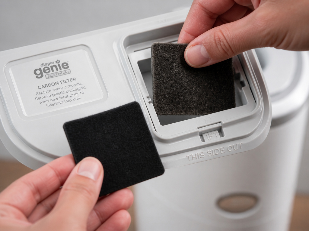 Replacing the carbon filter in a Diaper Genie Platinum pail lid.