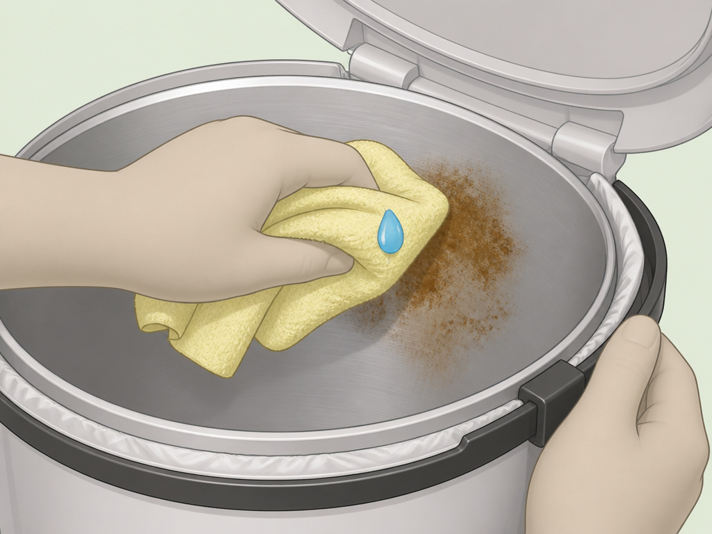 Cleaning a stained Ubbi diaper pail interior with a cloth and mild soap.