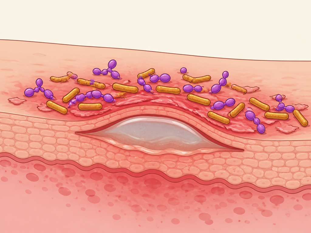 Diagram showing how yeast and bacteria cause blisters in severe diaper rash.