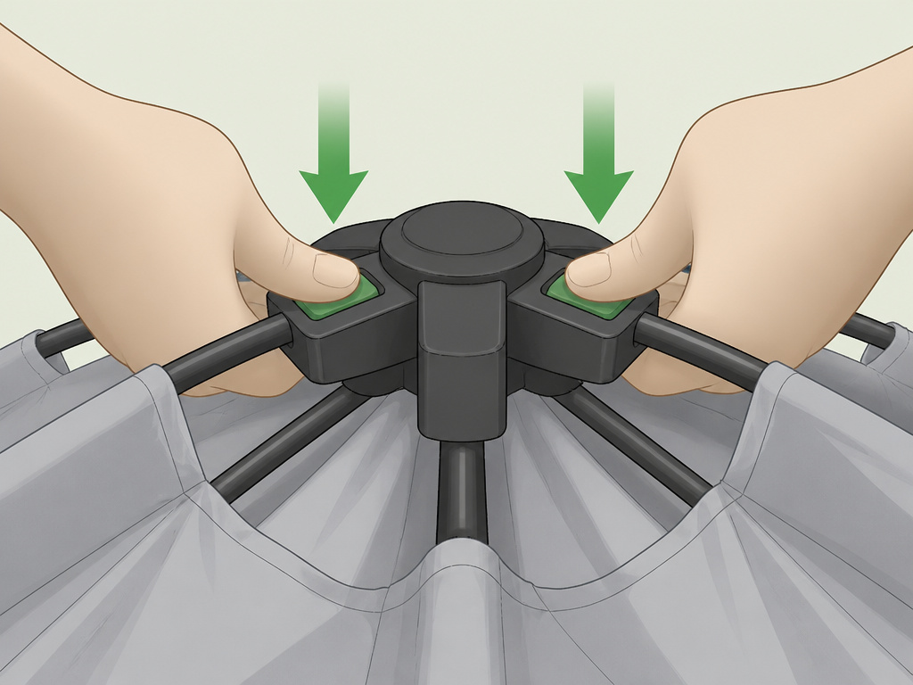 Close-up diagram showing how to unlock a pop-up changing tent's central hub.