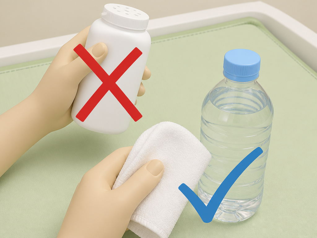 Avoid using baby powder on diaper rash, use a soft cloth and water instead.