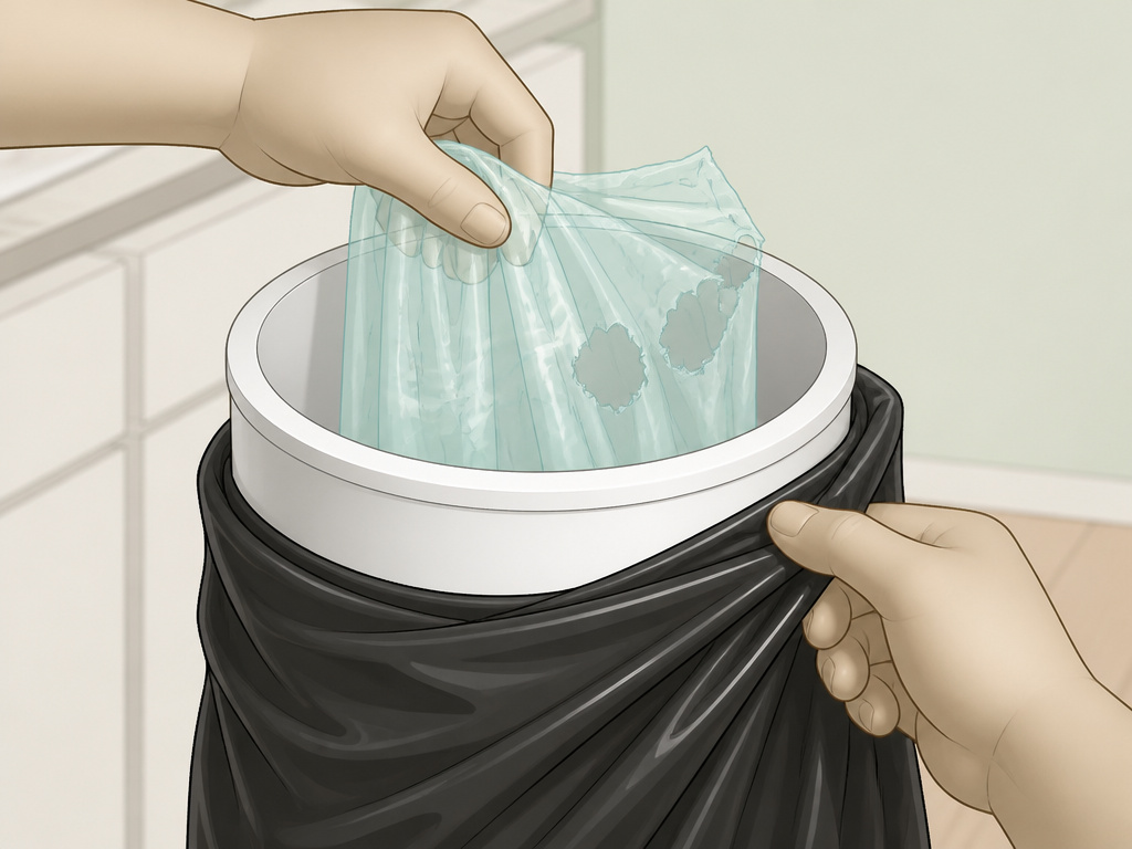 Containing a ripped diaper pail liner by sliding a trash bag over the pail.