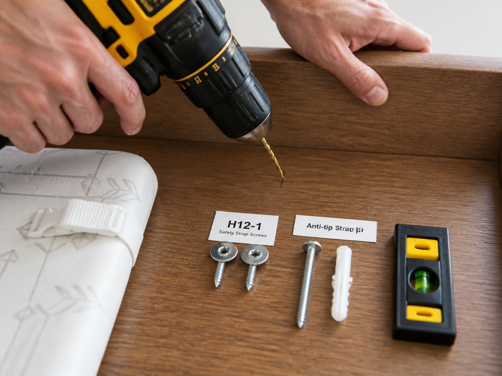 Close-up of tools and hardware needed to secure a changing pad to a dresser.
