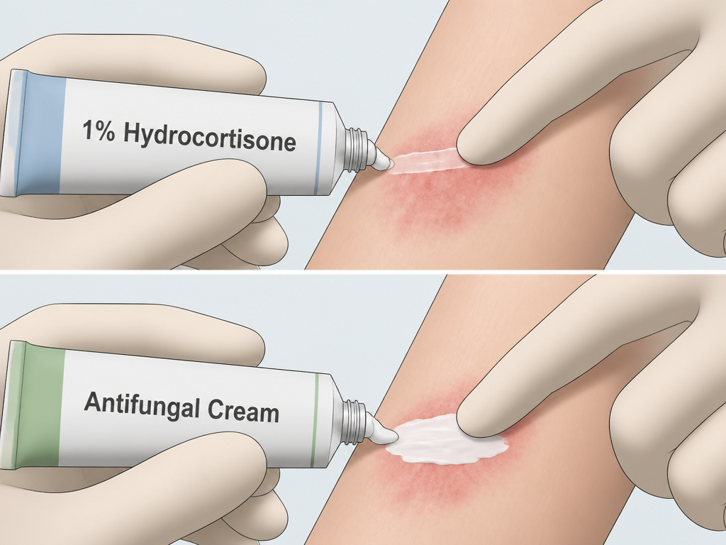 Correct two-step application of steroid and antifungal cream for severe yeast diaper rash.