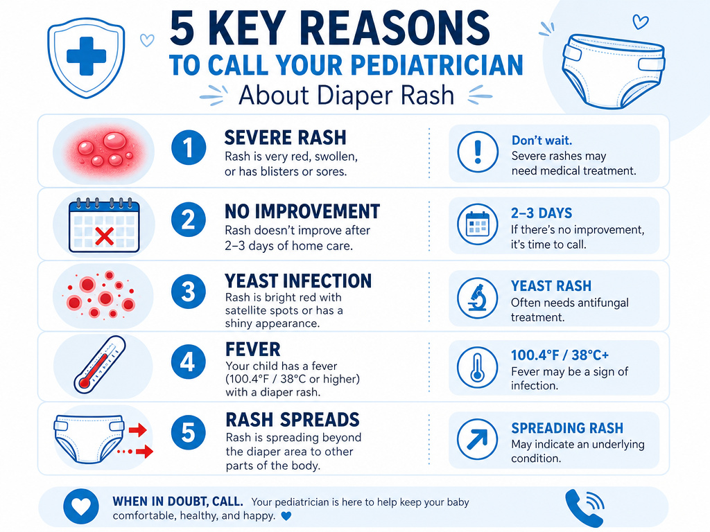 Infographic listing five signs a diaper rash needs a pediatrician's care.
