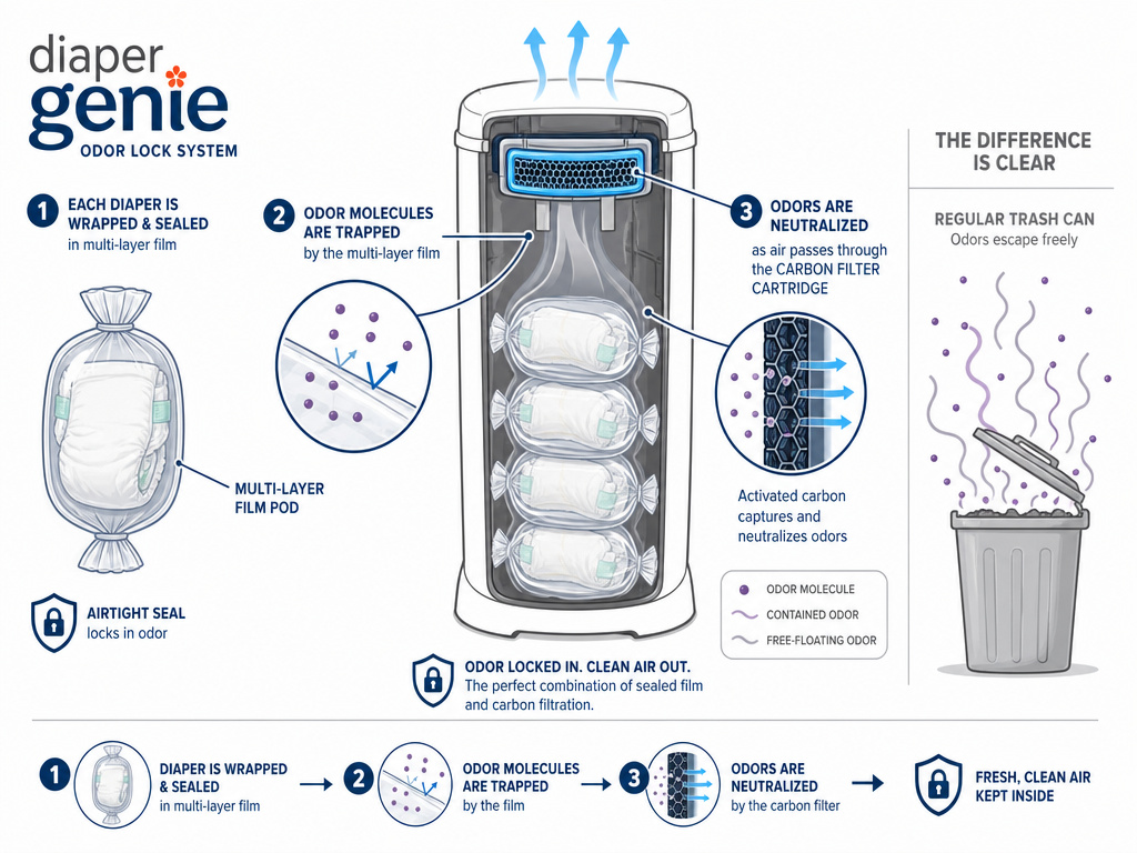 Diagram comparing Diaper Genie odor containment to a standard trash can.