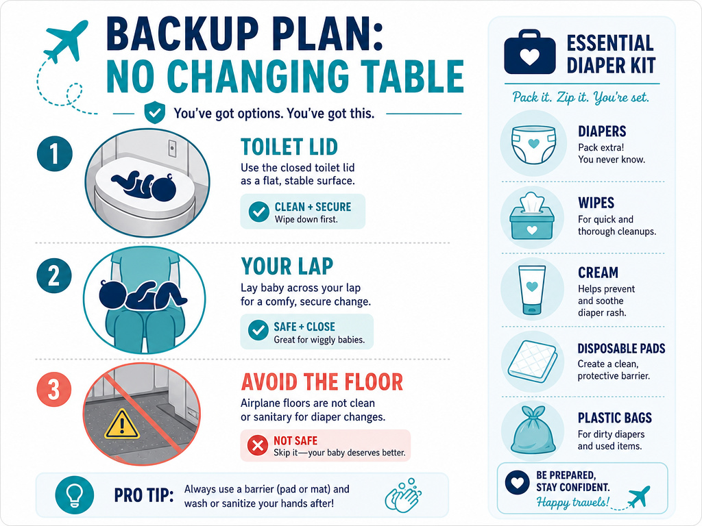 Three backup options for changing a baby diaper on an airplane without a table.